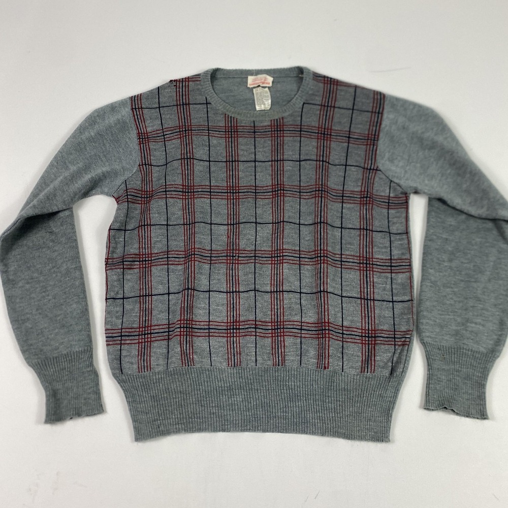 Saks Fifth Avenue Crewneck Sweater Mens XL Gray Windowpane Wool Blend Italy